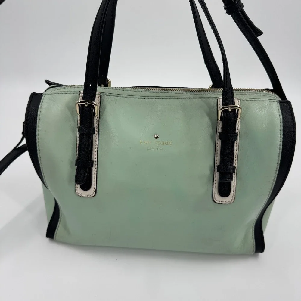 Kate Spade Kinslow Bedford‎ Square Satchel Bag Womens Mint Green Black Leather